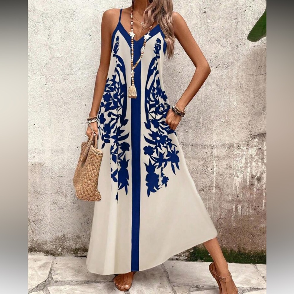 Blue and White Floral Print Maxi Dress - Picture 7 of 7
